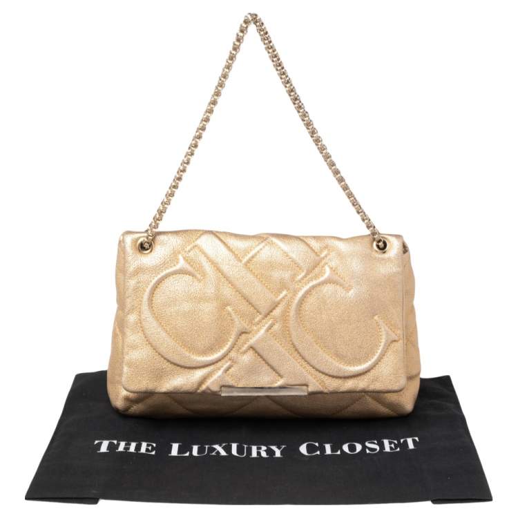 Pre Owned CH Carolina Herrera Metallic Gold Embossed Leather Metal Flap Shoulder Bag