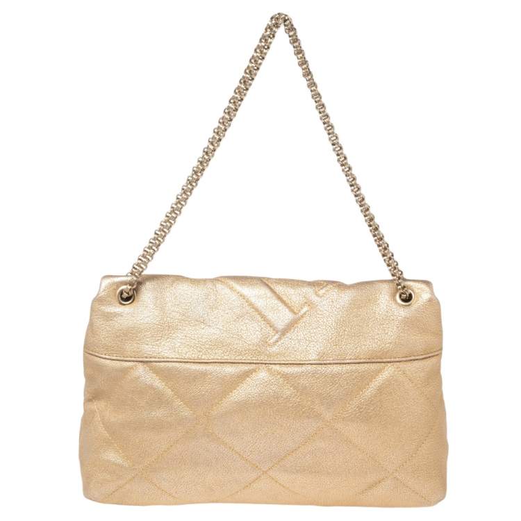 Pre Owned CH Carolina Herrera Metallic Gold Embossed Leather Metal Flap Shoulder Bag
