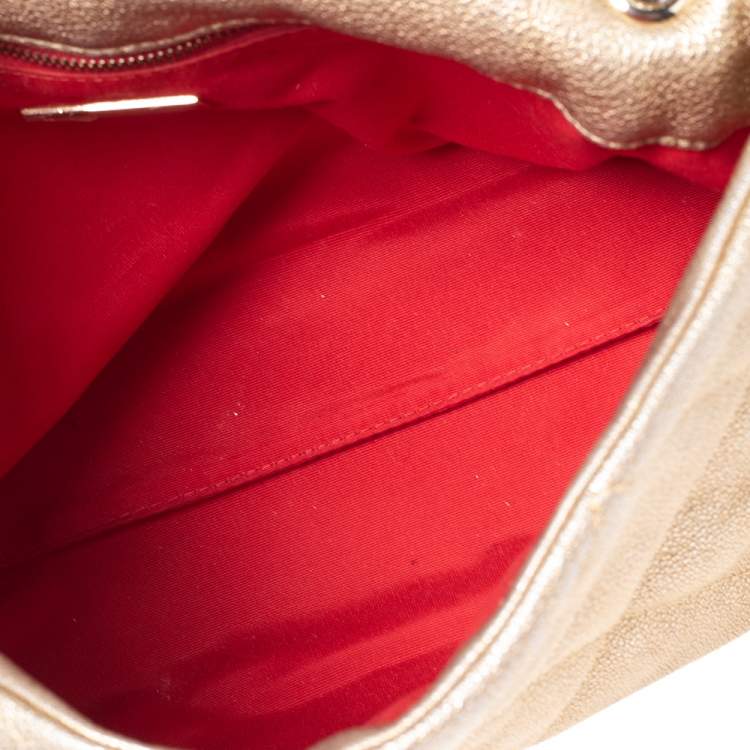 Pre Owned CH Carolina Herrera Metallic Gold Embossed Leather Metal Flap Shoulder Bag