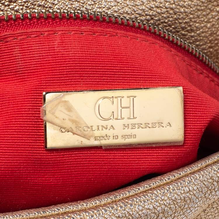 Pre Owned CH Carolina Herrera Metallic Gold Embossed Leather Metal Flap Shoulder Bag