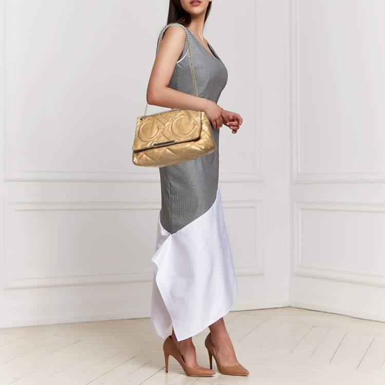 Pre Owned CH Carolina Herrera Metallic Gold Embossed Leather Metal Flap Shoulder Bag
