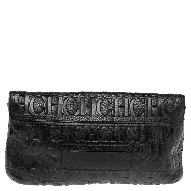 Pre Owned CH Carolina Herrera Black Monogram Leather Bow Chain Clutch