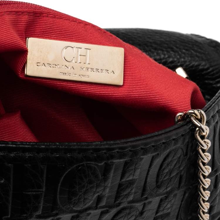 Pre Owned CH Carolina Herrera Black Monogram Leather Bow Chain Clutch