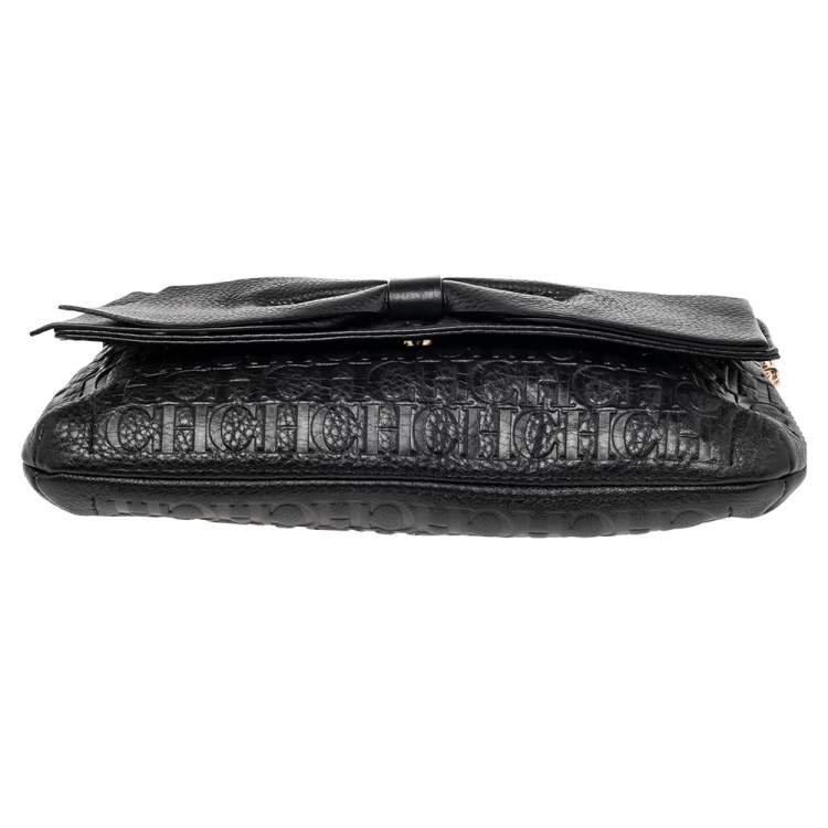 Pre Owned CH Carolina Herrera Black Monogram Leather Bow Chain Clutch