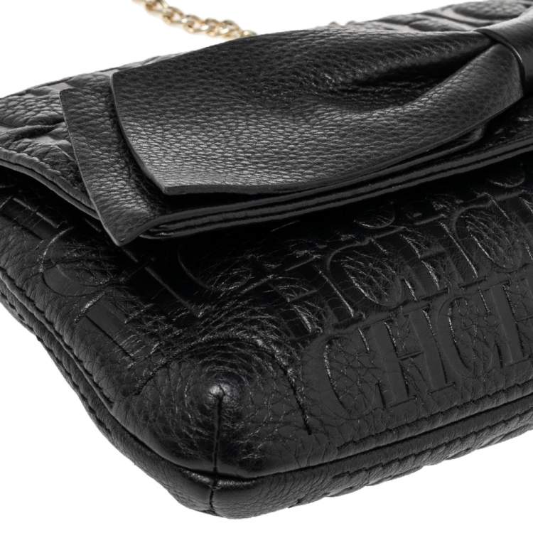 Pre Owned CH Carolina Herrera Black Monogram Leather Bow Chain Clutch