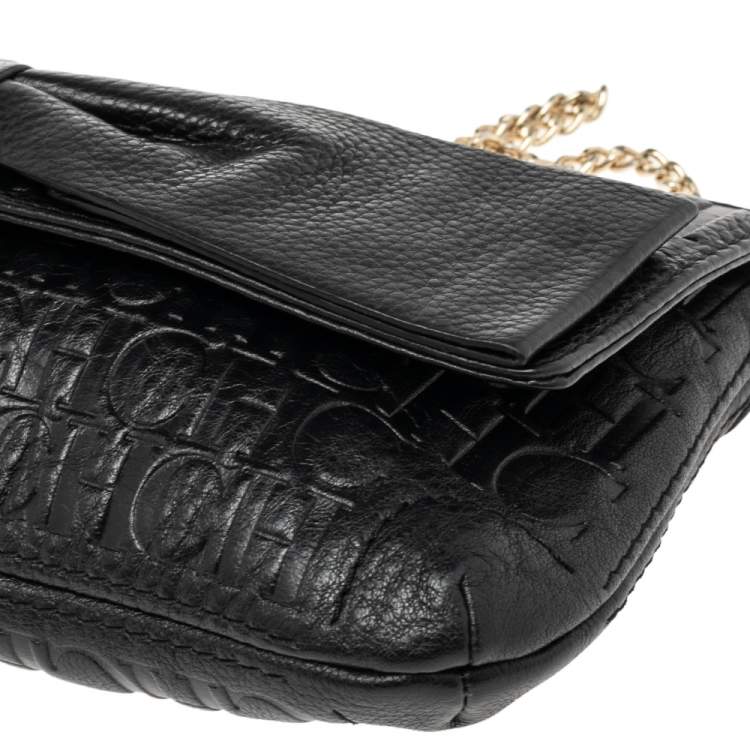 Pre Owned CH Carolina Herrera Black Monogram Leather Bow Chain Clutch
