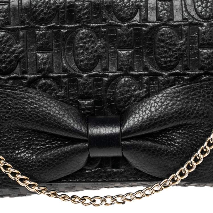 Pre Owned CH Carolina Herrera Black Monogram Leather Bow Chain Clutch