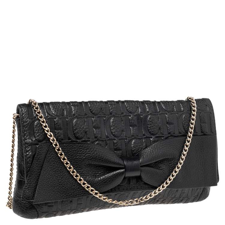 Pre Owned CH Carolina Herrera Black Monogram Leather Bow Chain Clutch