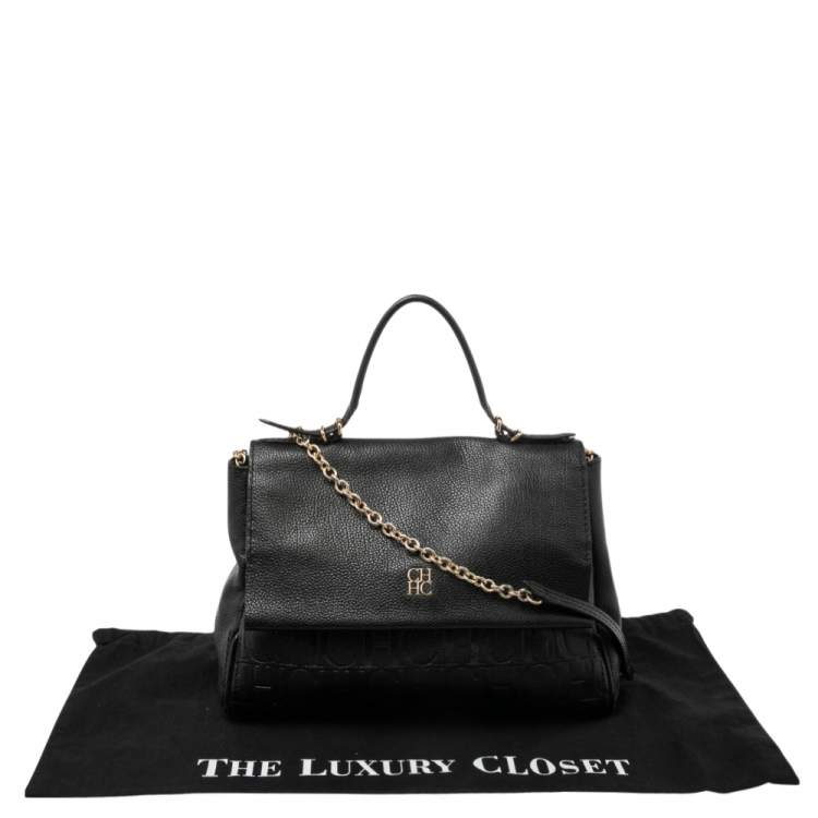 Pre Owned CH Carolina Herrera Black Monogram Embossed Leather Minuetto Top Handle Bag