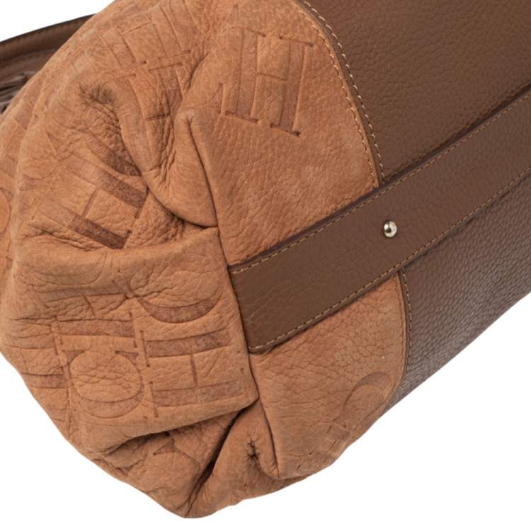 Pre Owned CH Carolina Herrera Brown Monogram Suede and Leather Dome Satchel