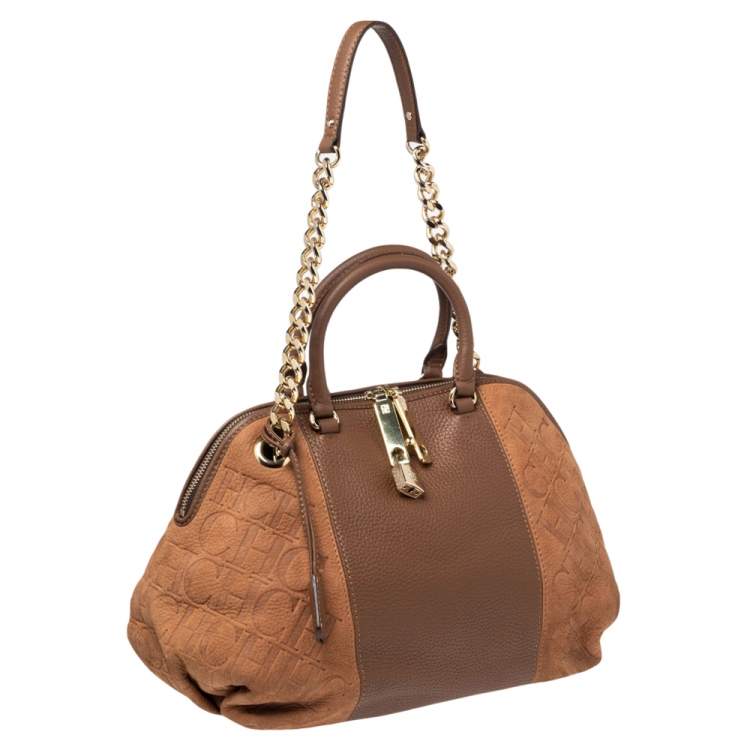 Pre Owned CH Carolina Herrera Brown Monogram Suede and Leather Dome Satchel