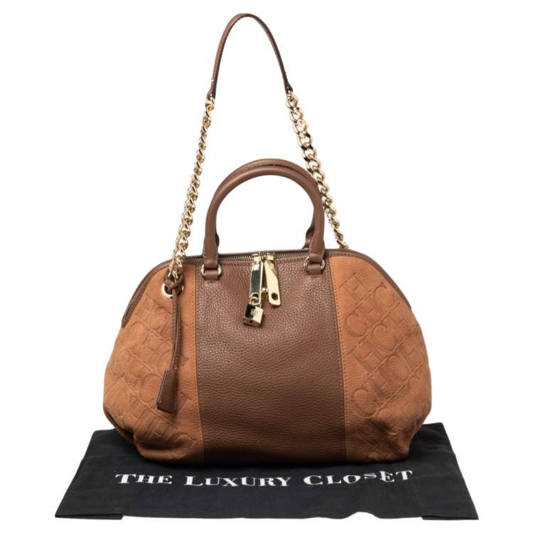 Pre Owned CH Carolina Herrera Brown Monogram Suede and Leather Dome Satchel