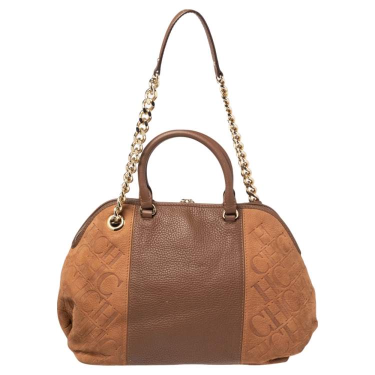Pre Owned CH Carolina Herrera Brown Monogram Suede and Leather Dome Satchel