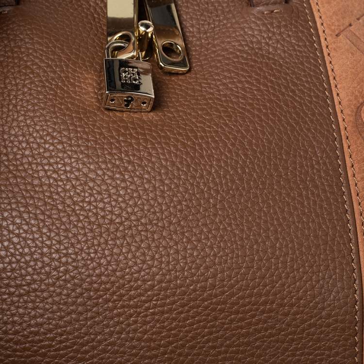 Pre Owned CH Carolina Herrera Brown Monogram Suede and Leather Dome Satchel