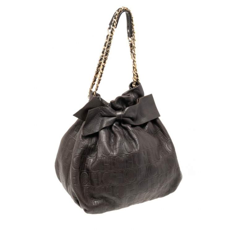 Pre Owned CH Carolina Herrera Dark Brown Embossed Leather Bow Bucket Bag