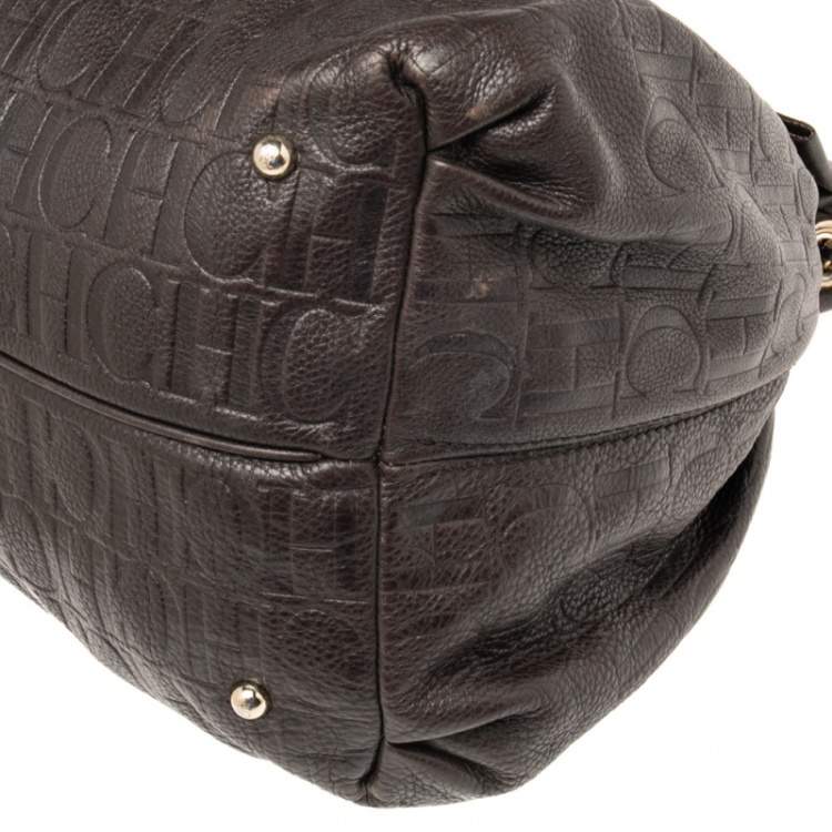 Pre Owned CH Carolina Herrera Dark Brown Embossed Leather Bow Bucket Bag
