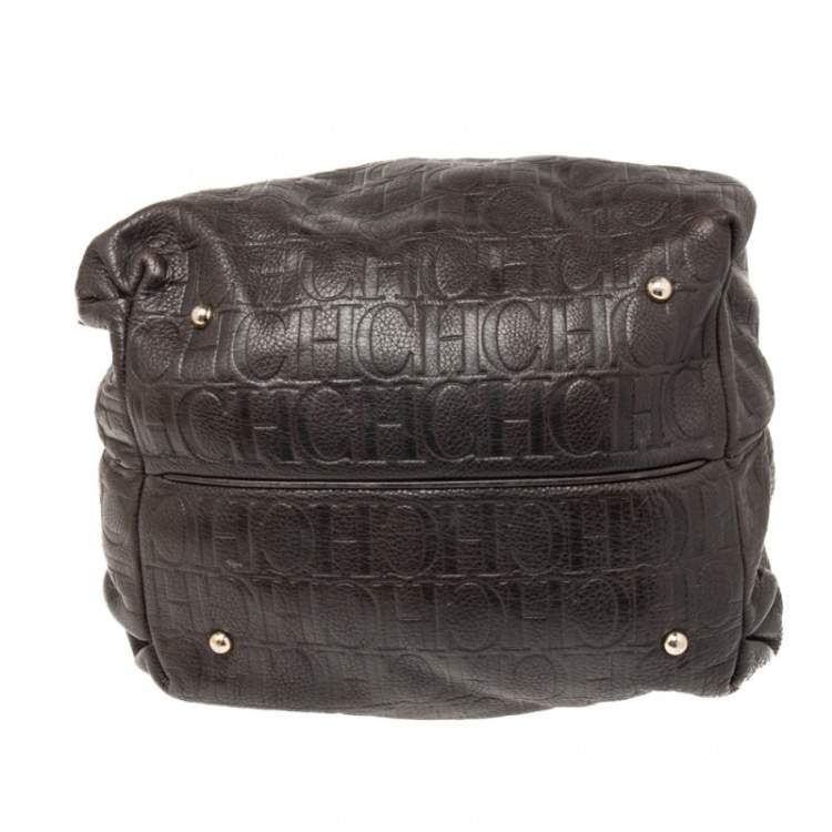 Pre Owned CH Carolina Herrera Dark Brown Embossed Leather Bow Bucket Bag