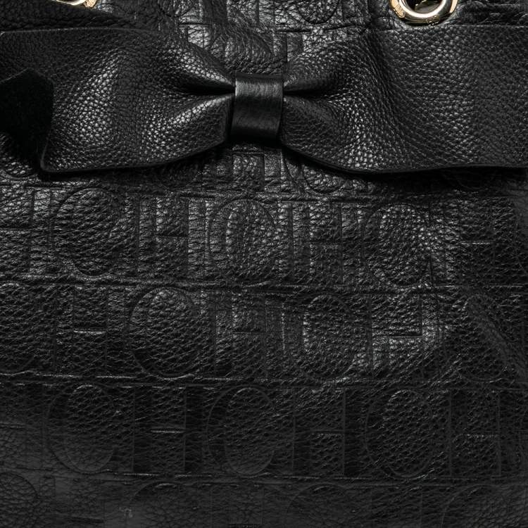 Pre Owned CH Carolina Herrera Black Monogram Leather Audrey Tote