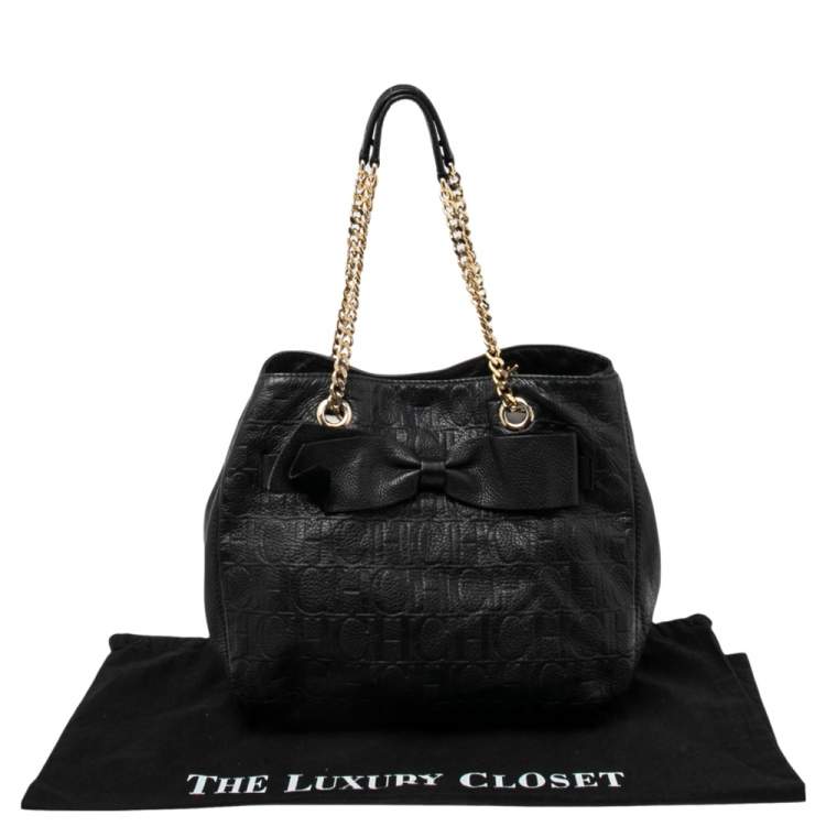 Pre Owned CH Carolina Herrera Black Monogram Leather Audrey Tote