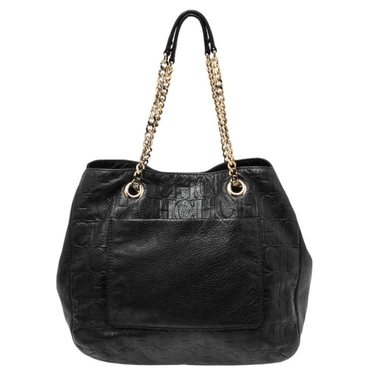 Pre Owned CH Carolina Herrera Black Monogram Leather Audrey Tote