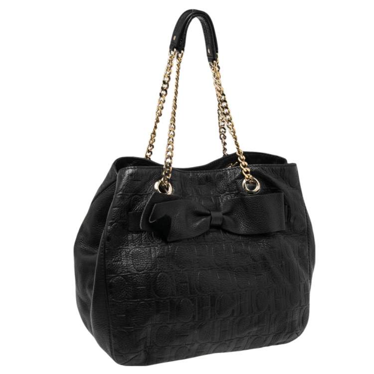 Pre Owned CH Carolina Herrera Black Monogram Leather Audrey Tote