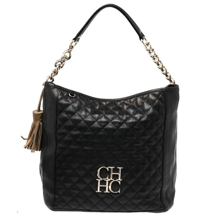 Pre Owned CH Carolina Herrera Black Quilted Leather Chain Hobo
