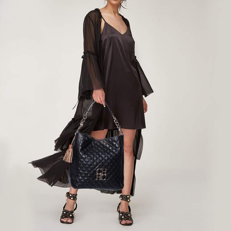Pre Owned CH Carolina Herrera Black Quilted Leather Chain Hobo