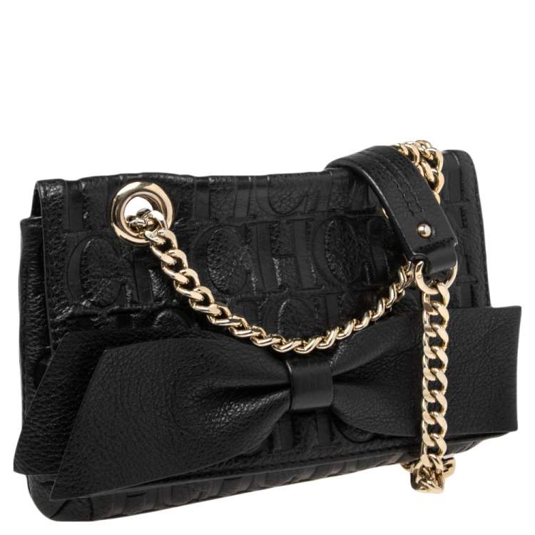 Pre Owned CH Carolina Herrera Black Monogram Embossed Leather  Mini Audrey Shoulder Bag