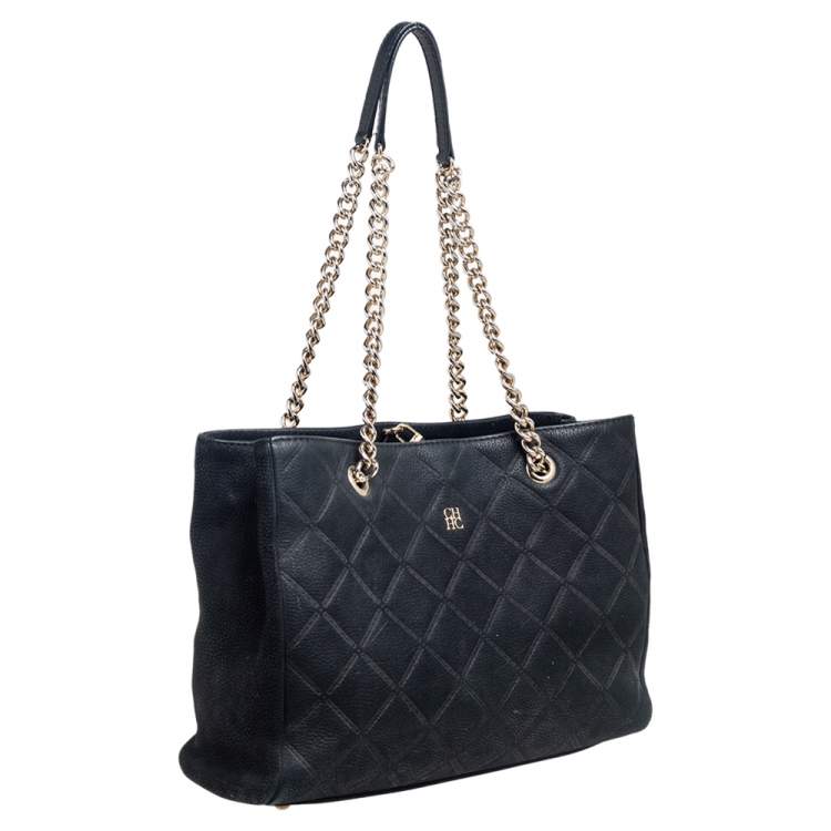 Pre Owned CH Carolina Herrera Black Quilted Nubuck Leather Chain Shopper Tote
