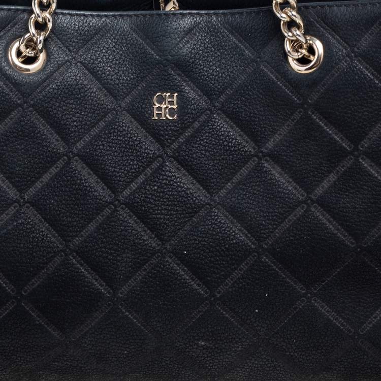 Pre Owned CH Carolina Herrera Black Quilted Nubuck Leather Chain Shopper Tote