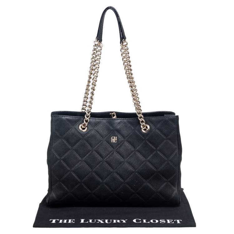 Pre Owned CH Carolina Herrera Black Quilted Nubuck Leather Chain Shopper Tote