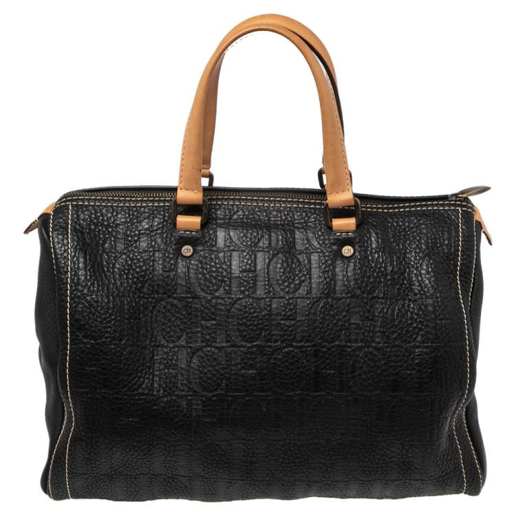 Pre Owned CH Carolina Herrera Black Monogram Leather Large Andy Boston Bag
