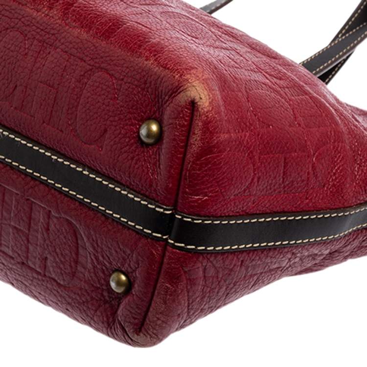 Pre Owned CH Carolina Herrera Burgundy Monogram Leather Shopper Tote