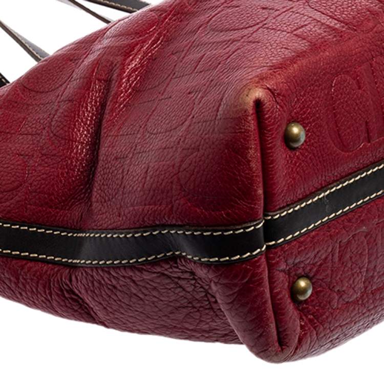 Pre Owned CH Carolina Herrera Burgundy Monogram Leather Shopper Tote