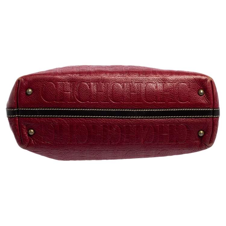 Pre Owned CH Carolina Herrera Burgundy Monogram Leather Shopper Tote