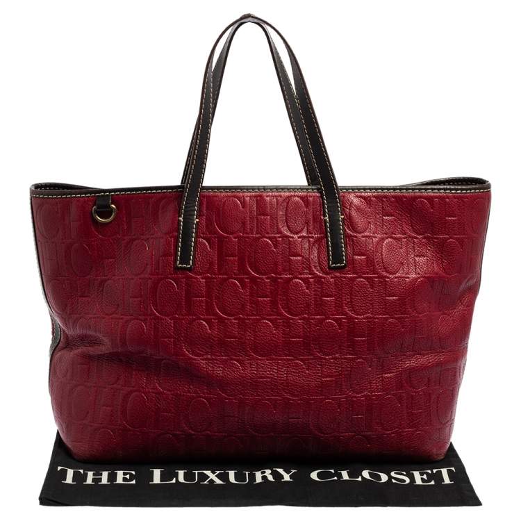 Pre Owned CH Carolina Herrera Burgundy Monogram Leather Shopper Tote