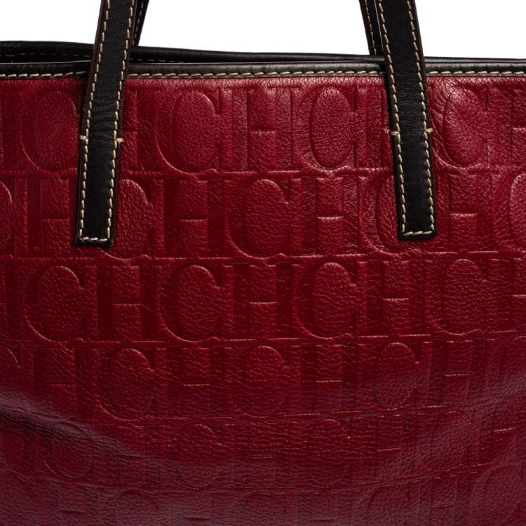 Pre Owned CH Carolina Herrera Burgundy Monogram Leather Shopper Tote