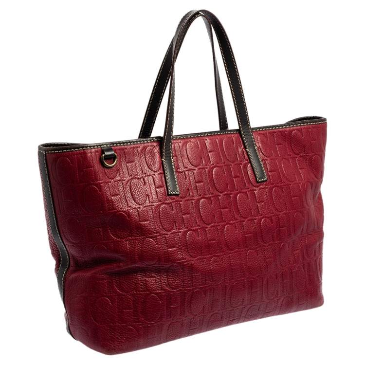 Pre Owned CH Carolina Herrera Burgundy Monogram Leather Shopper Tote