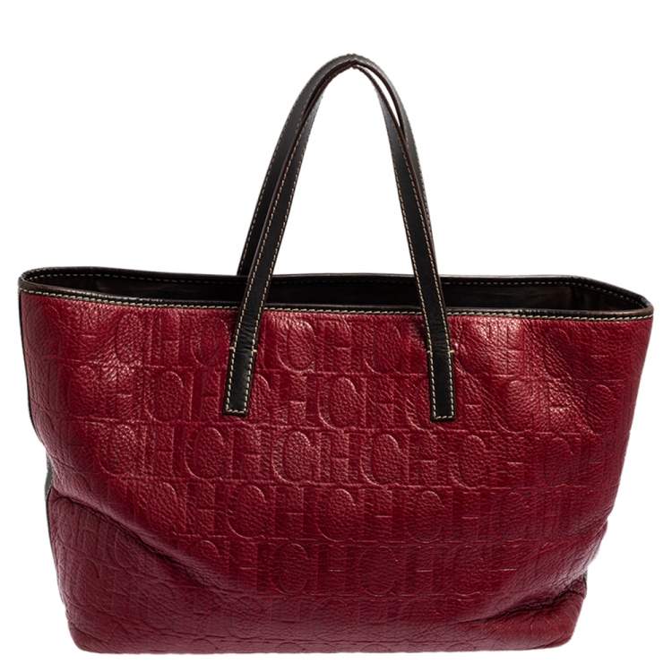 Pre Owned CH Carolina Herrera Burgundy Monogram Leather Shopper Tote