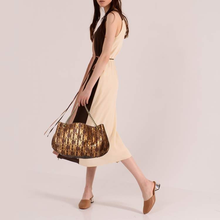 Pre Owned Carolina Herrera Brown/Metallic Gold Monogram Leather Chain Shoulder Bag