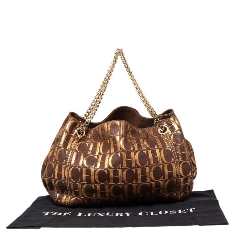 Pre Owned Carolina Herrera Brown/Metallic Gold Monogram Leather Chain Shoulder Bag