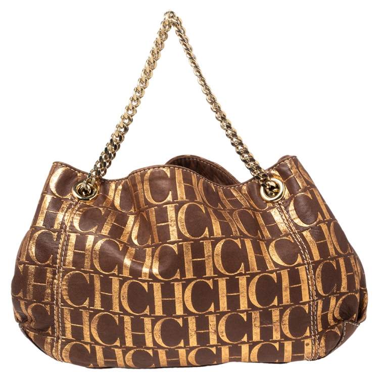 Pre Owned Carolina Herrera Brown/Metallic Gold Monogram Leather Chain Shoulder Bag