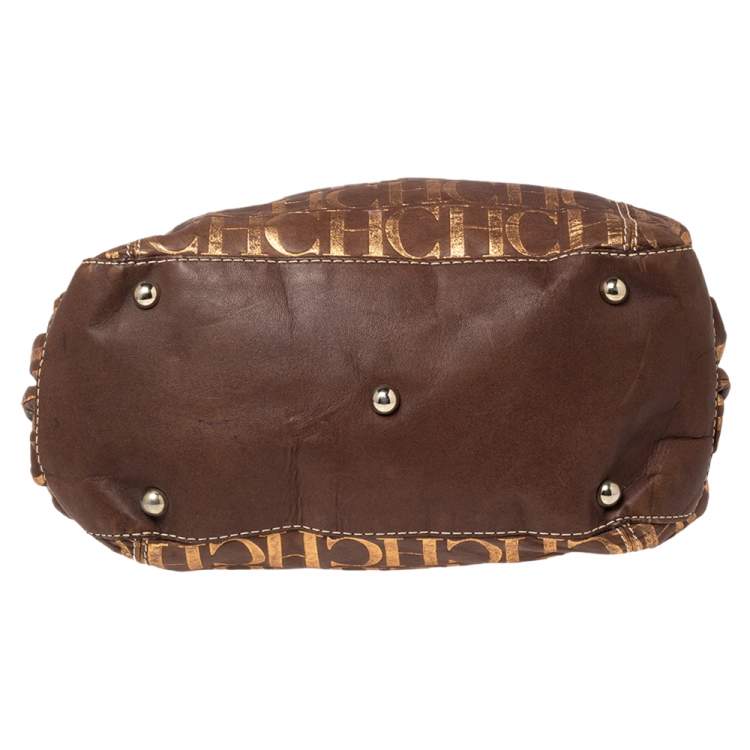 Pre Owned Carolina Herrera Brown/Metallic Gold Monogram Leather Chain Shoulder Bag