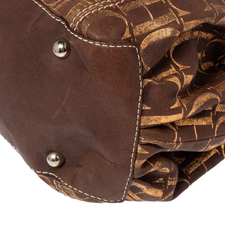 Pre Owned Carolina Herrera Brown/Metallic Gold Monogram Leather Chain Shoulder Bag
