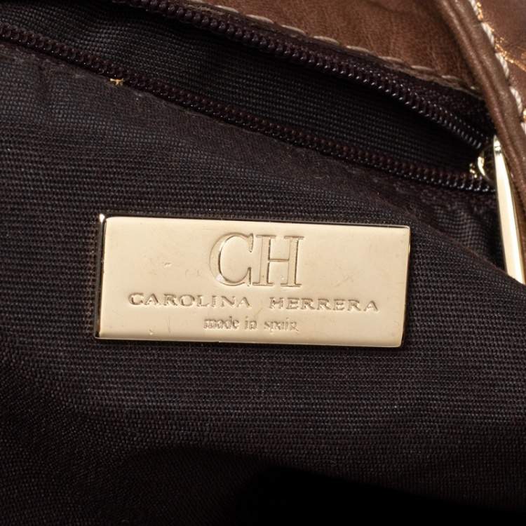 Pre Owned Carolina Herrera Brown/Metallic Gold Monogram Leather Chain Shoulder Bag