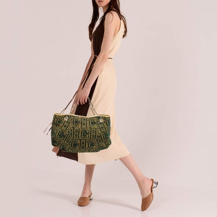 Pre Owned CH Carolina Herrera Green/Gold Monogram Velvet and Leather Chain Hobo