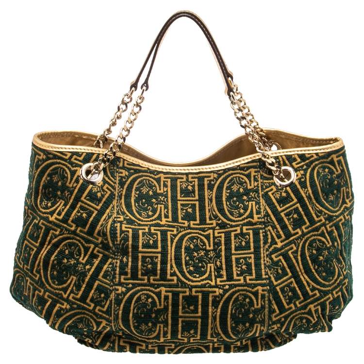 Pre Owned CH Carolina Herrera Green/Gold Monogram Velvet and Leather Chain Hobo