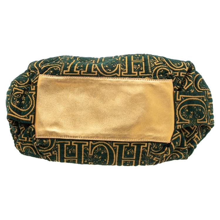 Pre Owned CH Carolina Herrera Green/Gold Monogram Velvet and Leather Chain Hobo