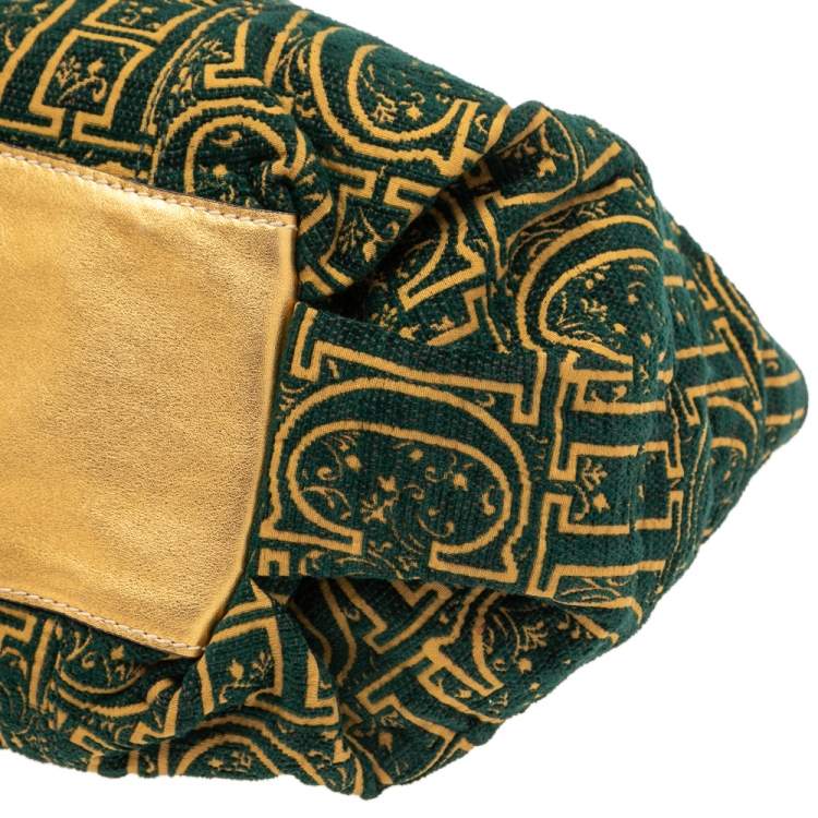 Pre Owned CH Carolina Herrera Green/Gold Monogram Velvet and Leather Chain Hobo
