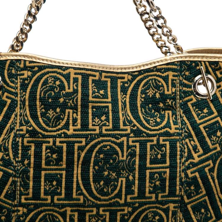 Pre Owned CH Carolina Herrera Green/Gold Monogram Velvet and Leather Chain Hobo